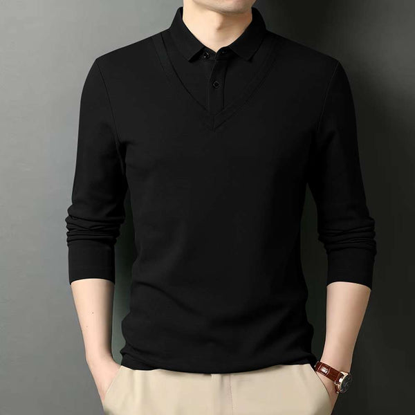 HOODLER Men Polo Neck Full Sleeve Cotton Blend Black Tshirt