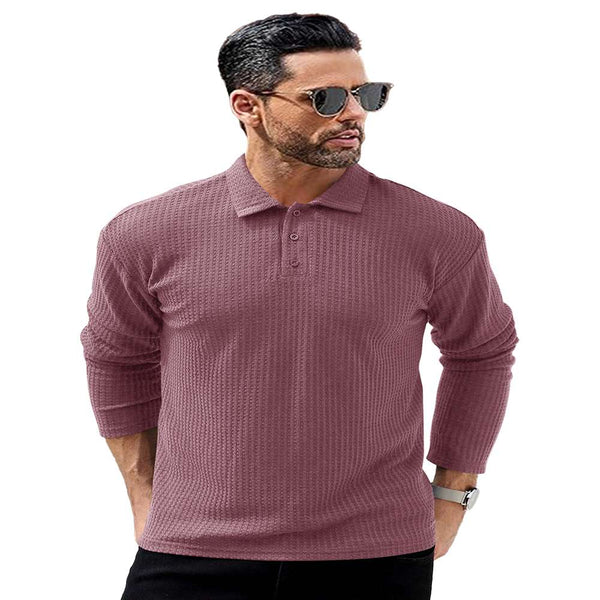 HOODLER Men Polo Neck Full Sleeve Textured Waffle Solid Onion Tshirt