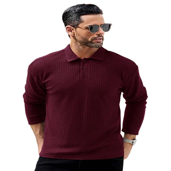 HOODLER Men Polo Neck Full Sleeve Textured Waffle Solid Maroon Tshirt