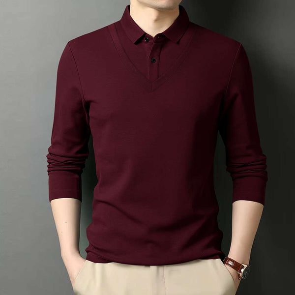 HOODLER Men Polo Neck Full Sleeve Cotton Blend Maroon Tshirt
