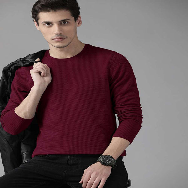 HOODLER Men Round Neck Full Sleeve Textured Waffle Oversize Maroon Tshirt