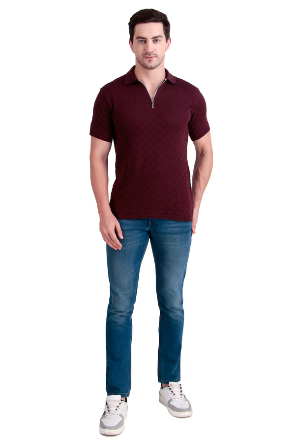 Maroon Textured Zip Polo – 100% Cotton Comfort