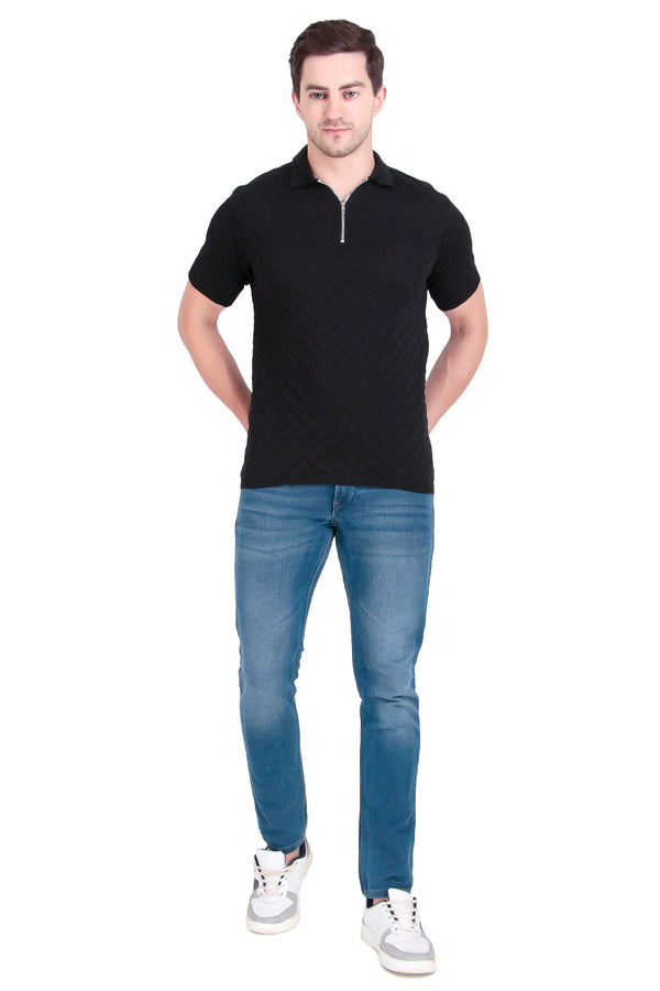 Black Textured Zip Polo – Sleek Meets Street
