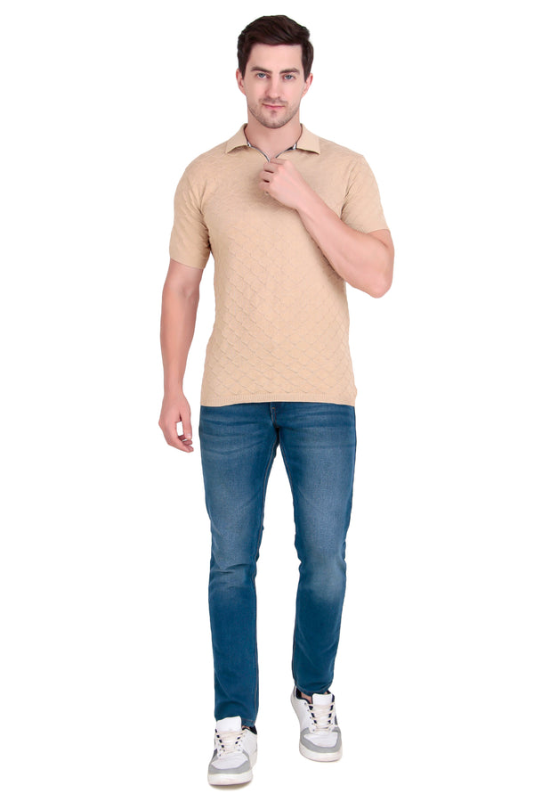 Beige Textured Zip Polo – Light Tone, Strong Statement