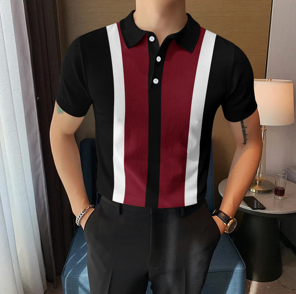 Hoodler Men Polo Neck Half Sleeve Striped Cotton Blend Tshirt