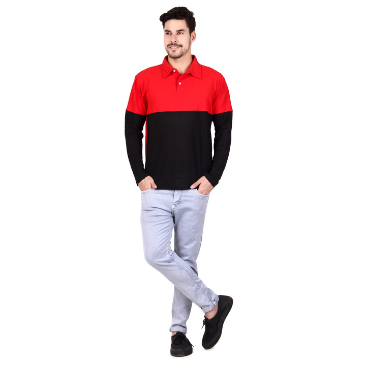 Hoodler Men Polo Neck Full Sleeve Colorblock Cotton Blend T shirt