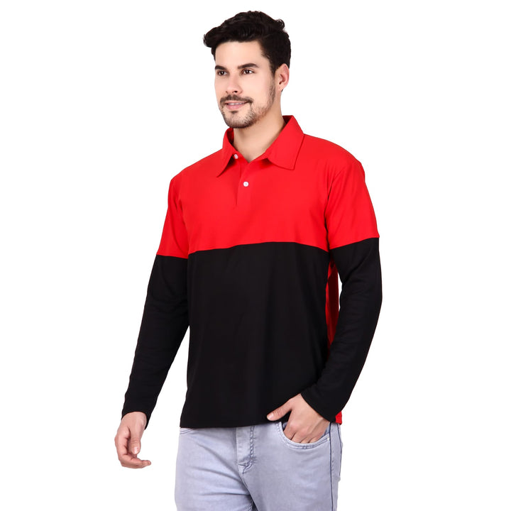 Hoodler Men Polo Neck Full Sleeve Colorblock Cotton Blend T shirt